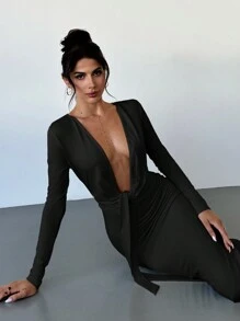 Firerie 女式秋季优雅简约纯色深 V 领连衣裙