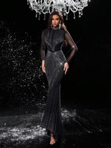 Glamrae Hoa văn thanh lịch và sang trọng Rhinestone nóng Rhinestone cổ đứng xuyên thấu tay dài Slim đuôi cá phù hợp cho buổi tối độc thân váy dạ hội, váy trang trọng màu đen, cho khách dự tiệc cưới, tốt nghiệp, ăn tối - màu đen - Xem 7