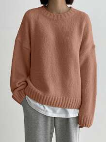 DAZY 秋冬休闲简约纯色落肩宽松针织毛衣 - 亮橙色 - 查看 5