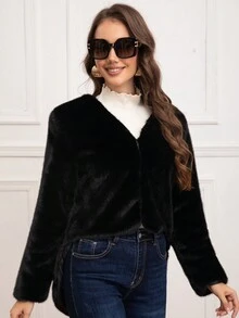 Eilly Bazar Women's Solid Color Long Sleeve Open Front Fluffy Casual Jacket, Winter - Black - View 3