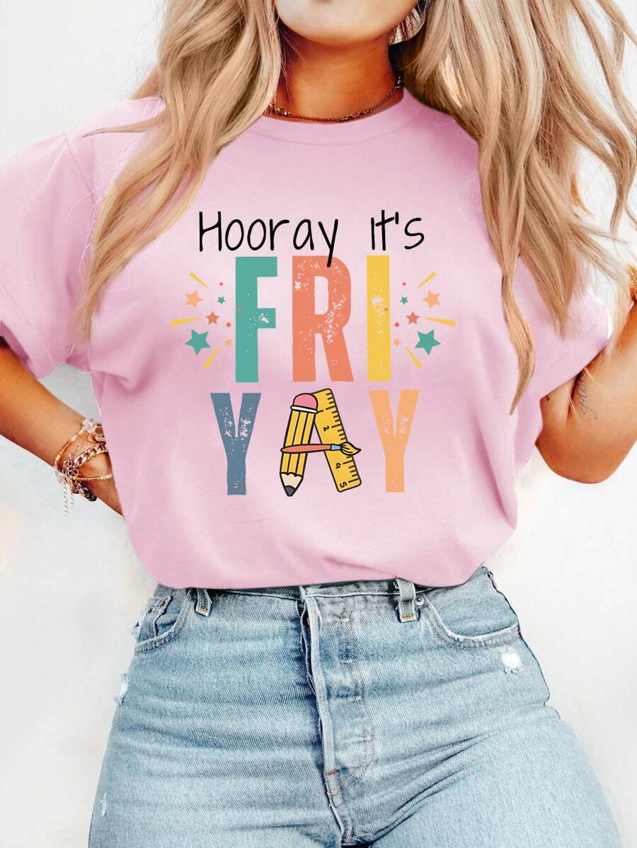 Flirla Áo thun cổ tròn tay ngắn in chữ cỡ lớn, phong cách tối giản, mặc thường ngày - Hồng - Xem 1