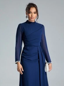 Coutiva Vestido elegante de manga larga con puños de lentejuelas y perlas, vestido de noche lujoso y elegante para dama para Año Nuevo, fiesta, otoño e invierno, vestido de dama de honor, vestido de invitada de boda