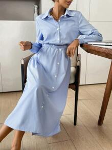 SHEIN 2 Pcs Women Blue Stripe Set Outfit, With A-Line Skirt, For Maternity