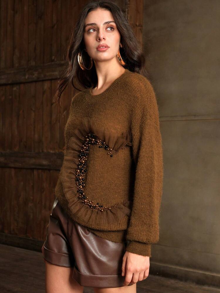 Net Mesh & Pearl Splice Premium Crew Neck Pullover Sweater, Autumn/Winter Knit Pullover Fall