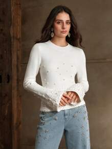 Anewsta 圣诞优雅圆领喇叭袖珍珠缀饰针织毛衣，秋冬