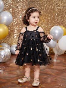 SHEIN Babygirl 圣诞优雅连衣裙，黑色网眼星星装饰无袖和长袖连衣裙，适合派对、聚会、生日 - 黑色 - 查看 3