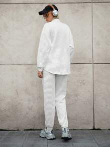 Hanevo 3 Stücke/Set für Damen, lockere, lässige Jacke mit Drop Shoulder, Unterhemd und gepolsterte karierte Hose, Flughafen-Outfit - Weiss - Übersicht 7