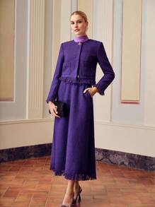 ZEYLAH 斜口袋流苏下摆粗花呢纯色短裙