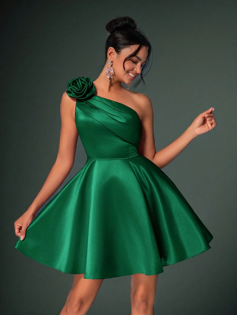 SHEIN Belle Elegant Luxurious 3D Floral Asymmetric Ruffle Hem Prom Dress, Semi Formal Dress, For Birthday, Wedding Guest, Graduation Homecoming, Party Dress - Green - View 1