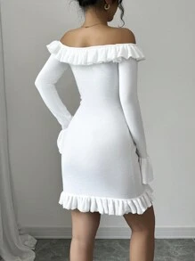 Chiquease Váy len bó tay dài hở vai xếp nếp cho nữ - trắng - Xem 2