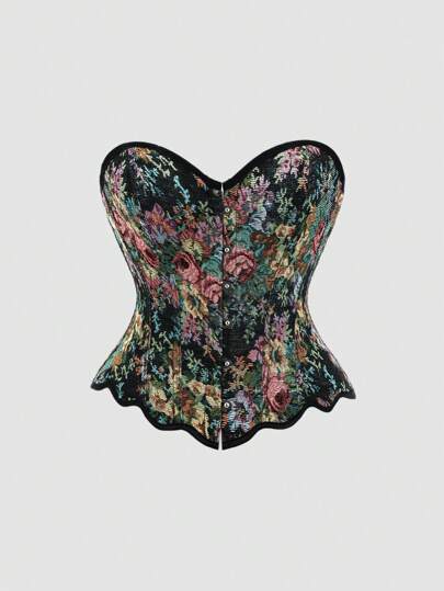 Sweetra 复古提花紧身胸衣短款上衣，腰部收紧，Y2K 服装