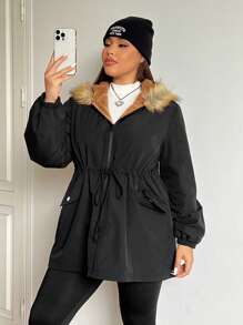 SHEIN EZwear Parka noire doublée polaire grande taille avec col amovible en fausse fourrure, taille cintrée. Manteau ample et ajusté réversible pour l'automne/l'hiver, thermique