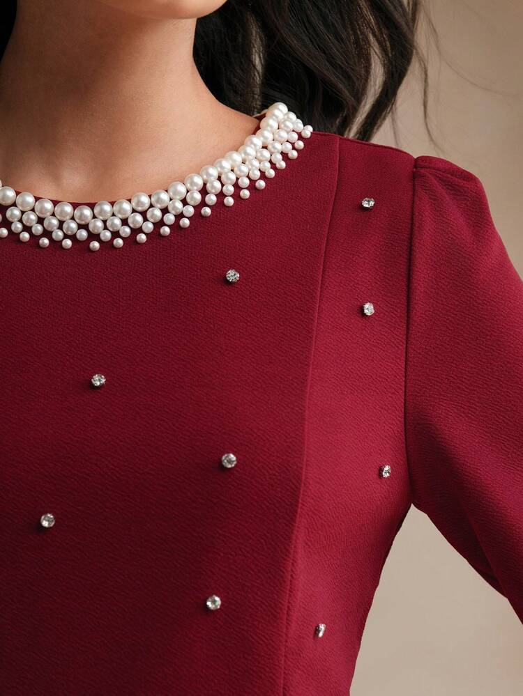 Rhinestone & Pearl Decor Women Round Neck Long Sleeve Waisted Slimming Elegant Dress, Suitable For Autumn/Winter/Christmas Burgundy Color Women Outfit