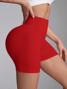 Solid Color Elastic Waist Seamless Tight Yoga Shorts - Red - View 2
