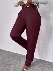 Zolique 女士秋季休闲修身束带长裤 - 酒紅色 - 查看 6
