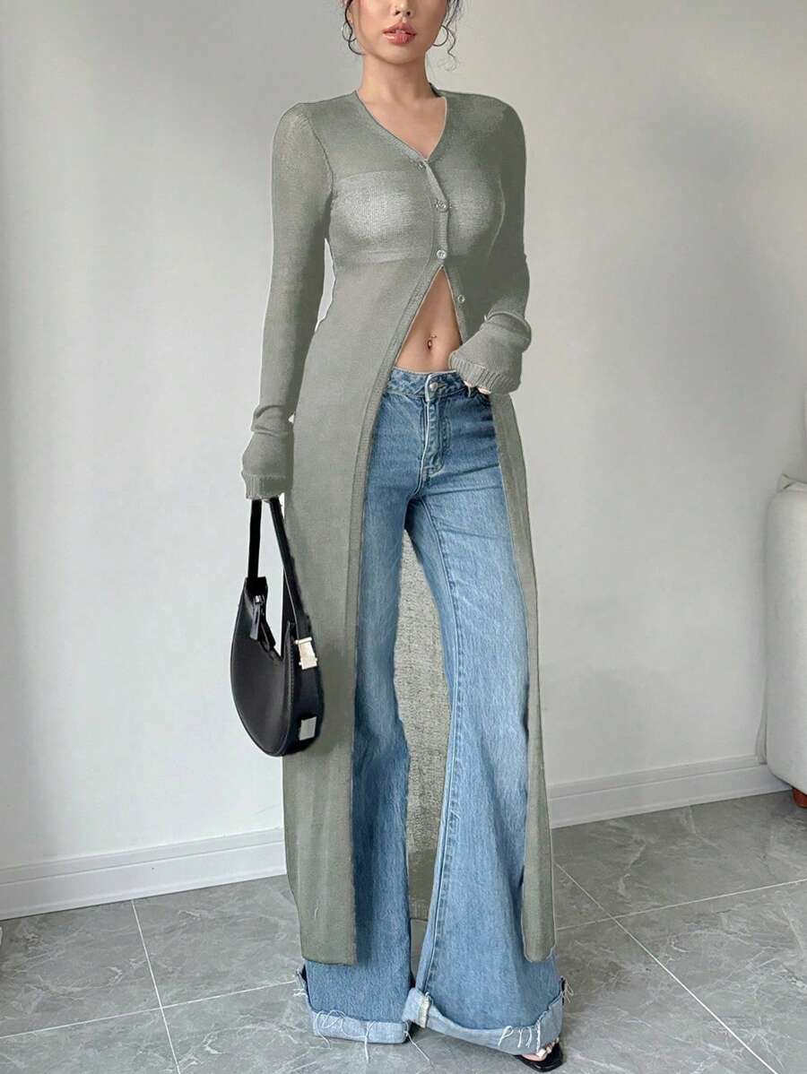 Chiquease Semi-Sheer Long Knitted Cardigan, Versatile And - Khaki - View 1