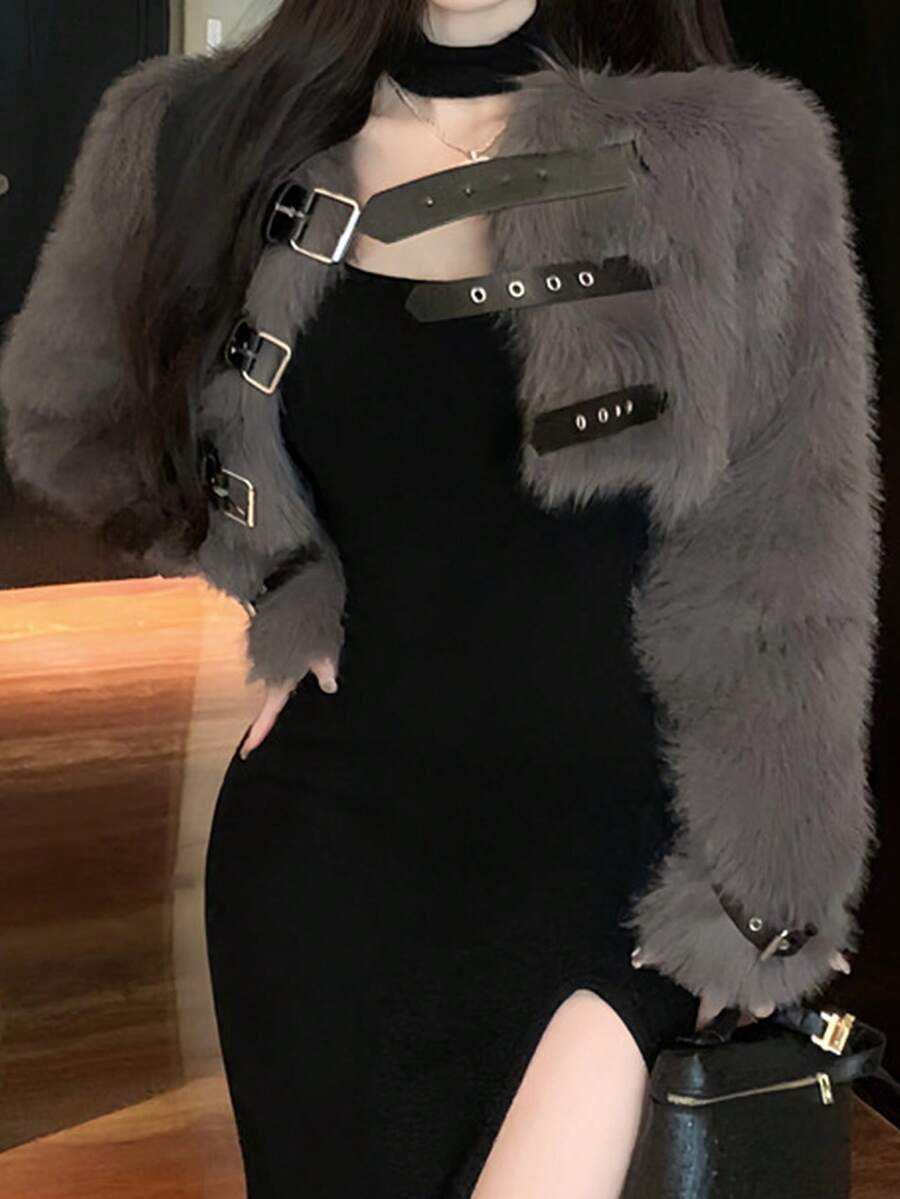 Fashionable Buckle Strap Front Cropped Fuzzy Jacket, Autumn/Winter - Dark Grey - View 1