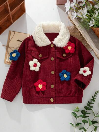 SHEIN Young Girl' Stand Collar Patchwork Contrast Color Corduroy Jacket With Colorful 3D Floral Decor, Casual And Comfortable, Suitable For Autumn, Winter And Spring