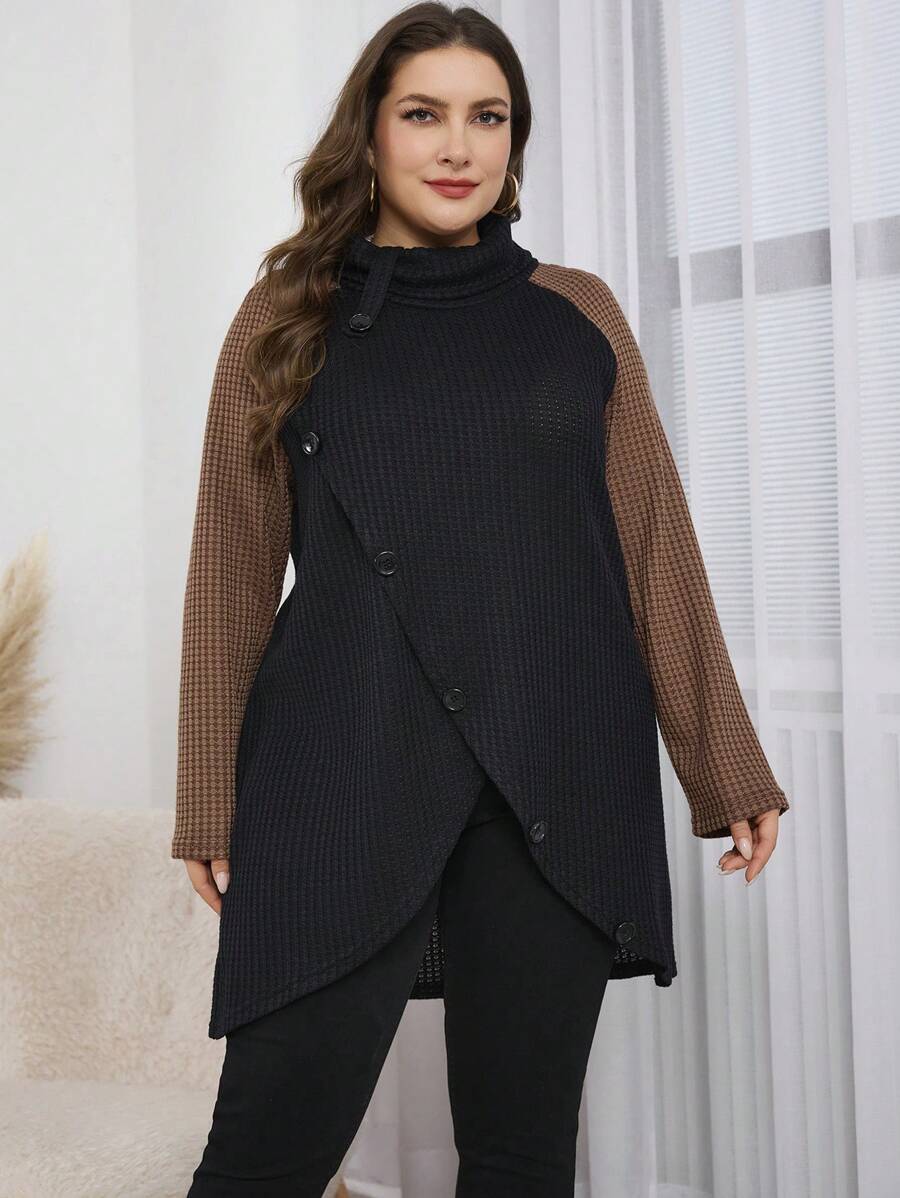 Mulvari Plus Size Casual Colorblock Raglan Long Sleeve Wrap T-Shirt, Autumn/Winter Fall Cloth For Women - Multicolor - View 1