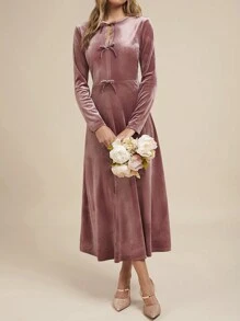 SHEIN Clasi 1 件女士时尚百搭长袖圆领蝴蝶结天鹅绒秋千裙，适合秋冬季 - 藕粉色 - 查看 6
