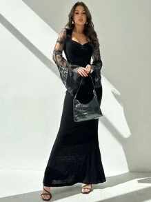 Firerie Gothic Style Sweetheart Neck Lace Flare Sleeve Velvet Fit And Flare Dress, Elegant Sexy For Halloween Party Night, Autumn/Winter Black Floral - Black - View 5