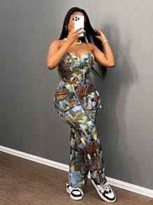 Slaydiva 新款复活节/西部/感恩节女装，女士冬季服装，优雅女士两件套，拼贴印花无肩带露脐上衣搭配多口袋阔腿裤，适合节日、新年派对、婚礼等场合。 - 彩色 - 查看 7