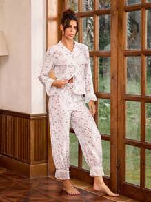 Oxana Conjunto de pijama de mujer diseñador de top de manga larga con encaje de flores blancas y pantalones, para vacaciones, primavera y verano, salir