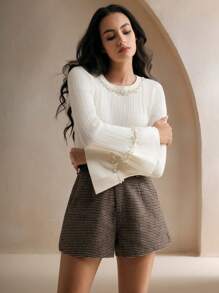 Anewsta 优雅圣诞珍珠装饰圆领修身罗纹喇叭袖女士针织套头衫秋冬款 - 白色 - 查看 1