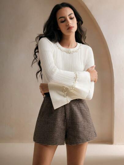 Anewsta Elegant Christmas Pearl Decor Round Neck Slim Fit Ribbed Flare Sleeve Women Undershirts