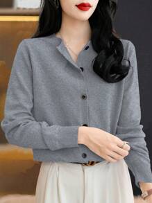 EMERY ROSE 1 件女式纯色前扣长袖休闲上衣 - 深灰色 - 查看 5