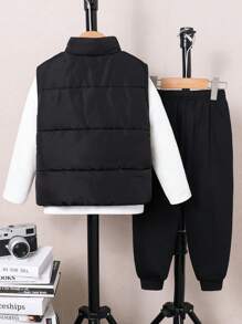 SHEIN 3 stuks/set jonge jongens dikke gebreide warme voering effen kleur ronde hals trui, thermisch gevoerde parka jas & casual broek, geschikt voor school, buiten, dagelijks dragen in de herfst & winter