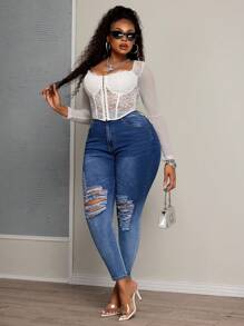 SHEIN SXY Plus Size Women Stretch High Waist Washed Ombre Color Skinny Jeans - Blue - View 4