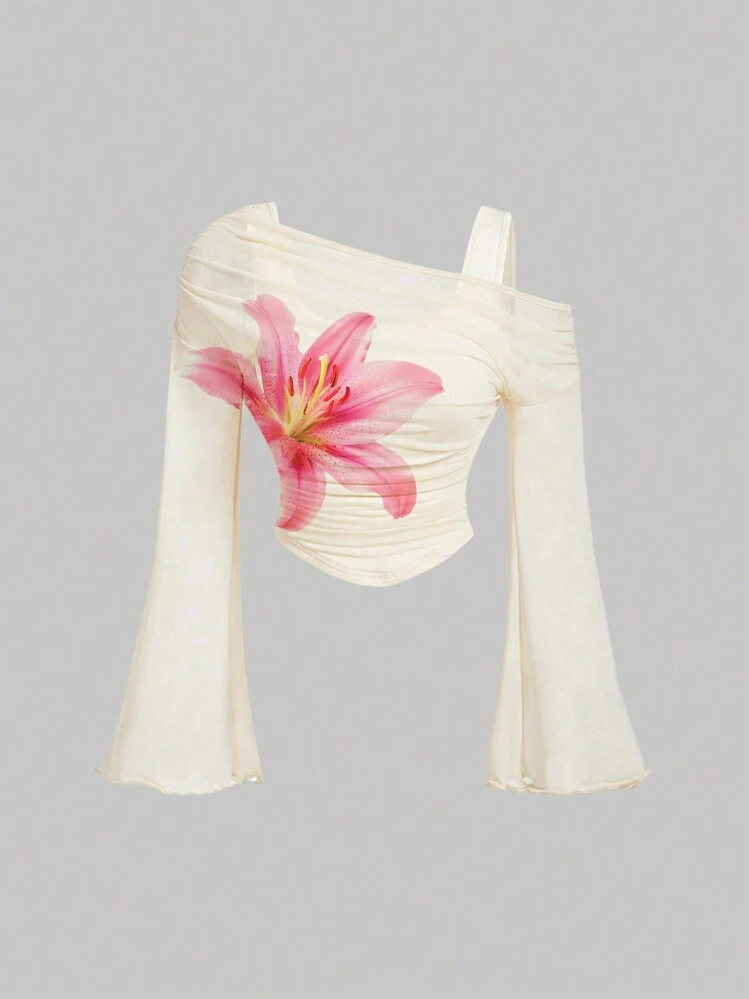 SHEIN MOD Fitted Mesh Floral Print Cream T-Shirt For Women, Suitable For Date, Party, Casual And Work - Apricot - View 1