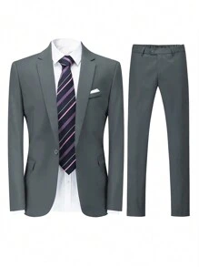 Calvornis Men's Solid Color Single Button Long Sleeve Suit Jacket And Trousers 2-Piece Suit Set - Dark Grey - View 4