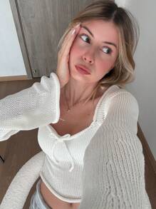 Aloruh 年轻女士方领露背紧身喇叭袖荷叶边下摆粉色毛衣，适合外出