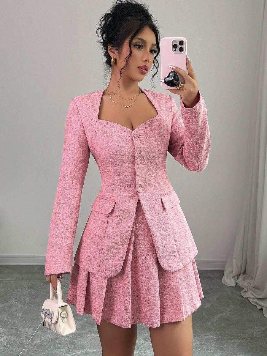 Chiquease Women V-Neck Pink Fitted Blazer + Pleated Skirt Suit Set, Autumn - Pink - View 1