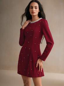 Anewsta Rhinestone & Pearl Decor Women Round Neck Long Sleeve Waisted Slimming Elegant Dress, Suitable For Autumn/Winter/Christmas Burgundy Color Women Outfit - Burgundy - View 1