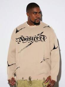 Manfinity VCAY Plus Size Men's Loose Letter Print Distressed Round Neck Long Sleeve Sweater