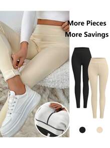 SHEIN Unity 2 piezas Leggings casuales de unicolor y cintura alta con forro térmico, ropa de otoño para mujer - Multicolor - Ver 3