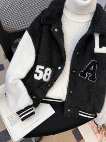 SHEIN Tween Girl Reversible Fleece Classic Black & White Color Block Collar Numeric & Letter 3D Embroidery Fashion Versatile Jacket, Autumn/Winter - Black - View 8