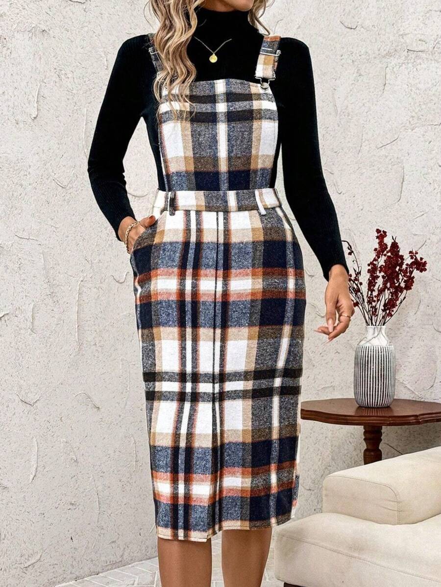 SHEIN Clasi Women Casual Plaid Jumper Dress With Suspender, Midi Length, Suitable For Autumn And Winter - Multicolor - View 1