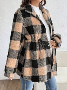 SHEIN Zwangere vrouwen geruite print rits sluiting lange mouw jas, winter, voor zwangerschap
