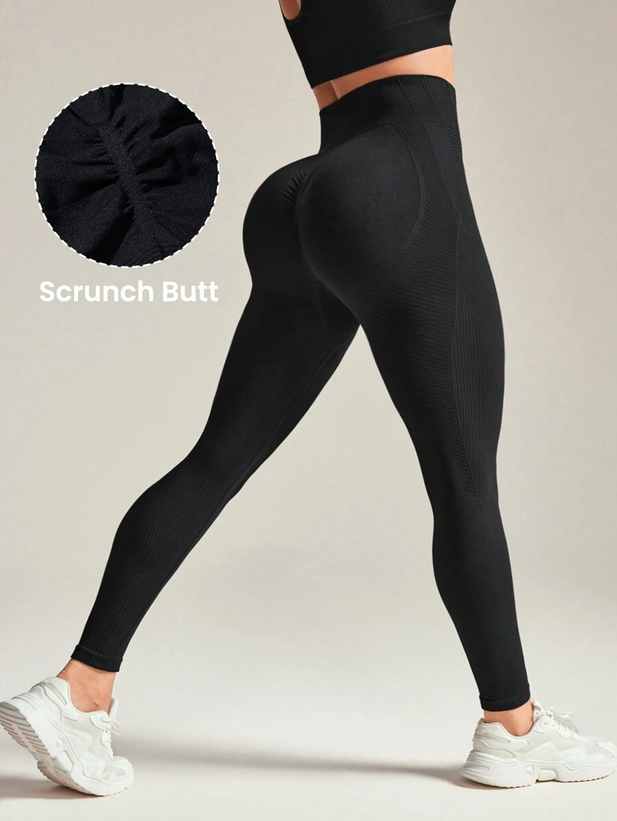 SHEIN Elastic Breathable Seamless High Stretch Abdomen Control Sports Leggings - Black - View 1