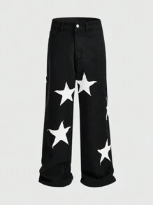 ROMWE MEN Street Life Jeans ample avec design de broderie étoile pour hommes - Noir - Voir 1