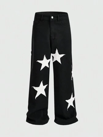 Street Life Men's Star Embroidery Design Loose Fit Jeans