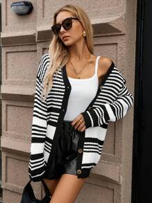 SHEIN Clasi Áo len cardigan dệt kim dài tay in họa tiết sọc khối màu phía trước cổ chữ V đơn giản - Nhiều màu - Xem 1