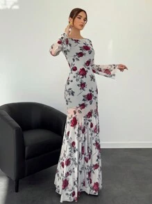 Aloruh Vestido casual de manga larga con estampado completo de rosas