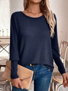 EMERY ROSE Textured Lace Splice Hollow Back Casual T-Shirt, Versatile - Navy Blue - View 5
