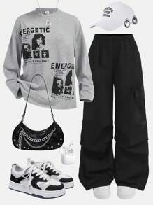Girlism Conjunto de 2 piezas para niña preadolescente: Camiseta de manga larga oversize con estampado de personajes de moda urbana de primavera, otoño y deporte casual; y pantalones overol de pierna ancha - Multicolor - Ver 1