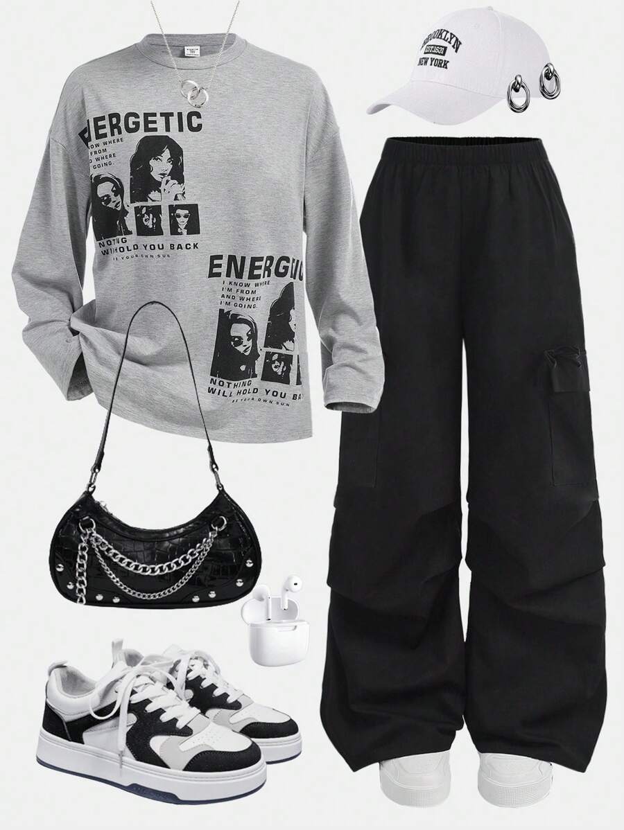 Girlism Conjunto de 2 piezas para niña preadolescente: Camiseta de manga larga oversize con estampado de personajes de moda urbana de primavera, otoño y deporte casual; y pantalones overol de pierna ancha - Multicolor - Ver 1